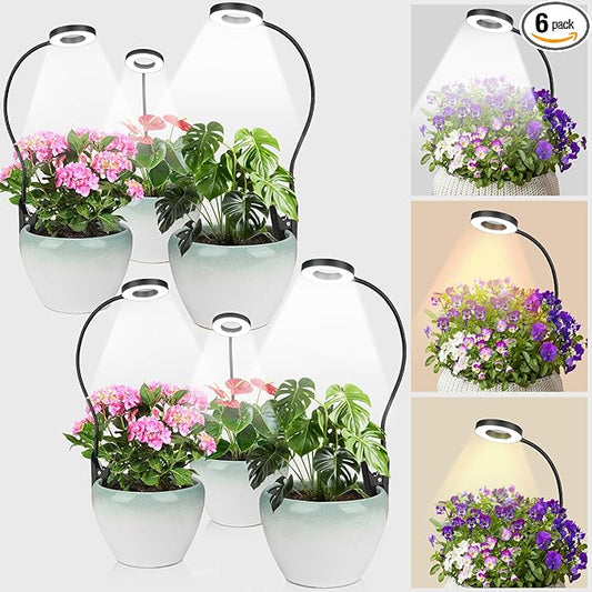 Grow Lights for Indoor Plants - 2 in 1 Grow Lights for Indoor Plants 3 Colors Plant Lights with 360 Gooseneck 48 LEDs Full Spectrum Plant Lights Auto Timer 3/9/12Hrs, 10 Brightness 6 Pack（Black）