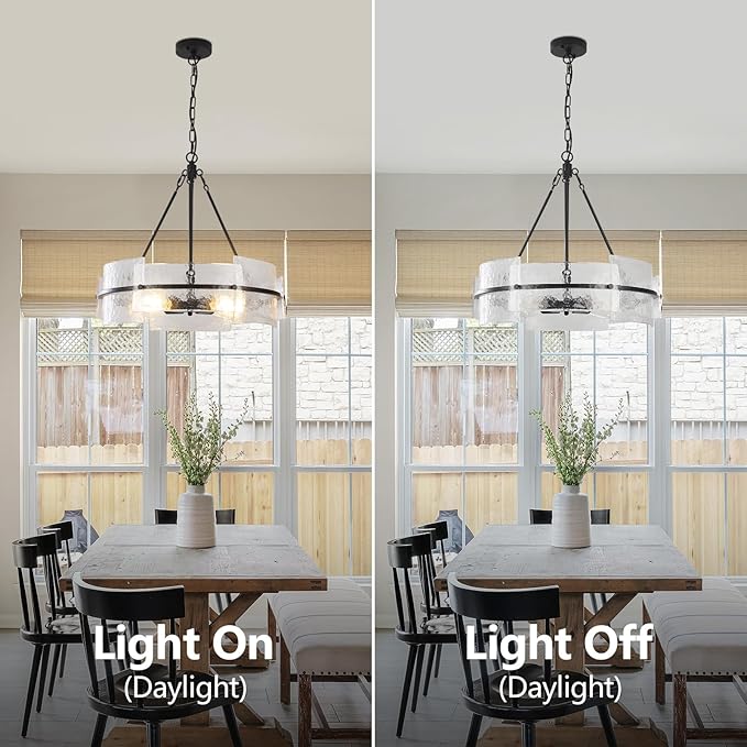 Black 22" Farmhouse Glass Chandelier - Modern Round Foyer Lighting Fixture for Dining Room, Kitchen Island, Bedroom, Living Room, Entryway