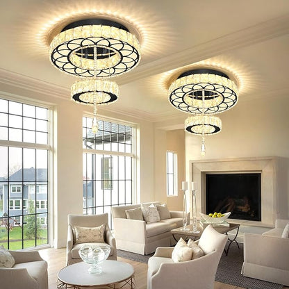 Flashing God Dia 16" Black Modern Crystal Chandeliers Flush Mount Chandelier Dimmable LED Light Crystal Ceiling Light for Hallway Bedroom Living Room Dining Room