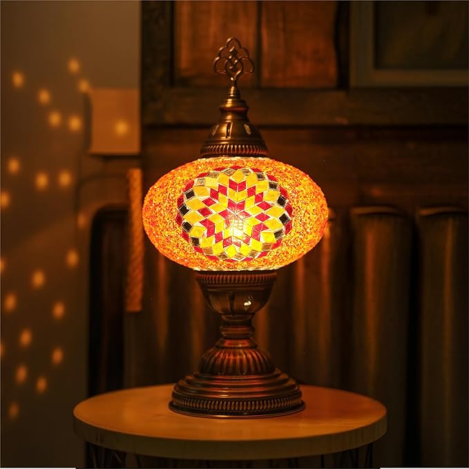 Turkish Lamp, Mosaic Table Lamp, Antique Moroccan Decorative Glass Bohemian Vintage Lamp Shade, Small Desk Tiffany Bedside Stained Glass Lamp with US Plug and E12 Socket
