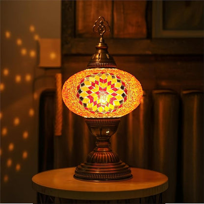 Turkish Lamp, Mosaic Table Lamp, Antique Moroccan Decorative Glass Bohemian Vintage Lamp Shade, Small Desk Tiffany Bedside Stained Glass Lamp with US Plug and E12 Socket
