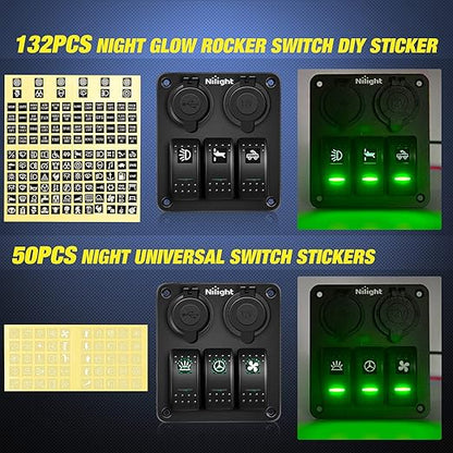 Nilight 3 Gang Rocker Switch Panel with USB Charger and Cigar Lighter 12V 24V Toggle ON Off Green Night Glow Stickers for Cars Rvs Trucks