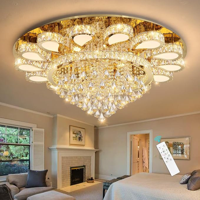 HAIXIANG Glam Crystal Chandelier for Living Room Dining Room Lights Sloped Ceiling Light Fixtures Luxury Modern Remote Dimmbale Lighting Gold 40 Inches