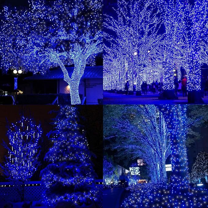 LAMPHOME 66FT 100 LED Blue White String Lights, 16 Modes Plug In Mini Fairy Lights, Waterproof Outdoor Christmas Lights for Hanukkah Xmas Tree Garland Bedroom Ocean Party July 4th Patriotic Decoration