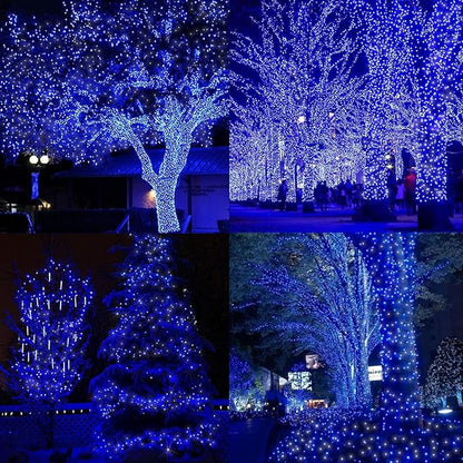 LAMPHOME 66FT 100 LED Blue White String Lights, 16 Modes Plug In Mini Fairy Lights, Waterproof Outdoor Christmas Lights for Hanukkah Xmas Tree Garland Bedroom Ocean Party July 4th Patriotic Decoration