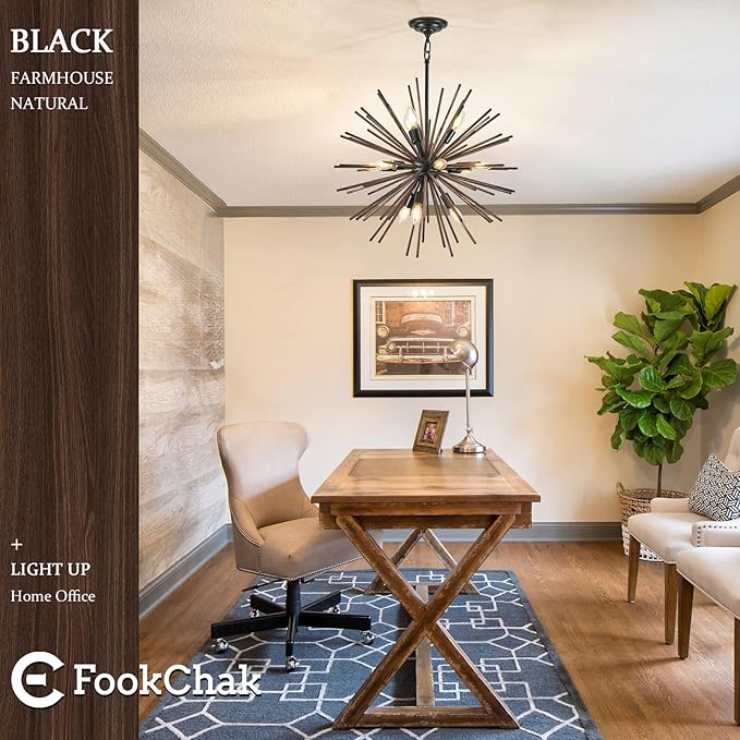 Black Wood Sputnik Chandeliers 12 Light Starburst Chandelier Light Fixture Solid Wood Farmhouse Satellite Light Fixture for Dining Room Bathroom Entryway Kitchen Island Bedroom 24in