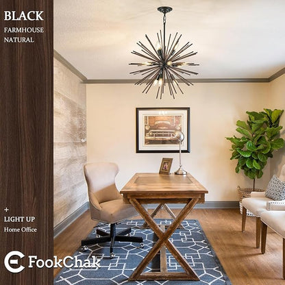 Black Wood Sputnik Chandeliers 12 Light Starburst Chandelier Light Fixture Solid Wood Farmhouse Satellite Light Fixture for Dining Room Bathroom Entryway Kitchen Island Bedroom 24in