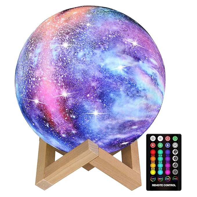 Moon Lamp Kids Night Light, Galaxy Lamp 16 Colors 3D Star Moon Light with Wood Stand, Remote & Touch Control USB Rechargeable Gift for Girls Lover Birthday (7.3 inch)