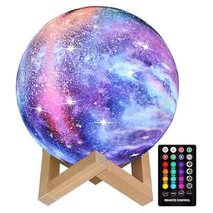 Moon Lamp Kids Night Light, Galaxy Lamp 16 Colors 3D Star Moon Light with Wood Stand, Remote & Touch Control USB Rechargeable Gift for Girls Lover Birthday (7.3 inch)