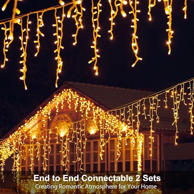 Icicle LED Christmas Lights Outdoor , 520 LED 49.2FT 8 Modes with 80 Drops Warm White Icicle Lights,Remote Control Outdoor Indoor Fairy String Lights for Christmas Party,Holiday,Wedding Decorations