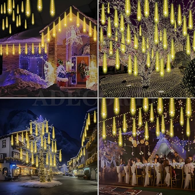Adecorty Christmas Lights Outdoor, UL Certified Falling Rain Drop Light 8 Tubes 192 LED Meteor Shower Snow Dripping Icicle Lights for Xmas Tree Christmas Decorations Holiday Party, Warm White