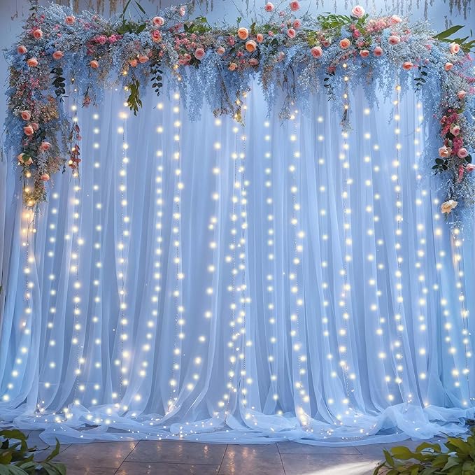 Baby Blue Sheer Tulle Backdrop Curtains with Lights String for Baby Shower Party Wrinkle Free Curtain Backdrops Drapes for Wedding Birthday Party Photo Back Drop Background Home Decorations 10ft x 8ft