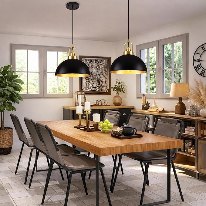 16'' Large Black Pendant Lights for Kitchen Island Lighting, 2-Pack Modern Farmhouse Industrial Dome Hanging Ceiling Pendant Lighting Fixture for Dining Room, Bar, Living Room