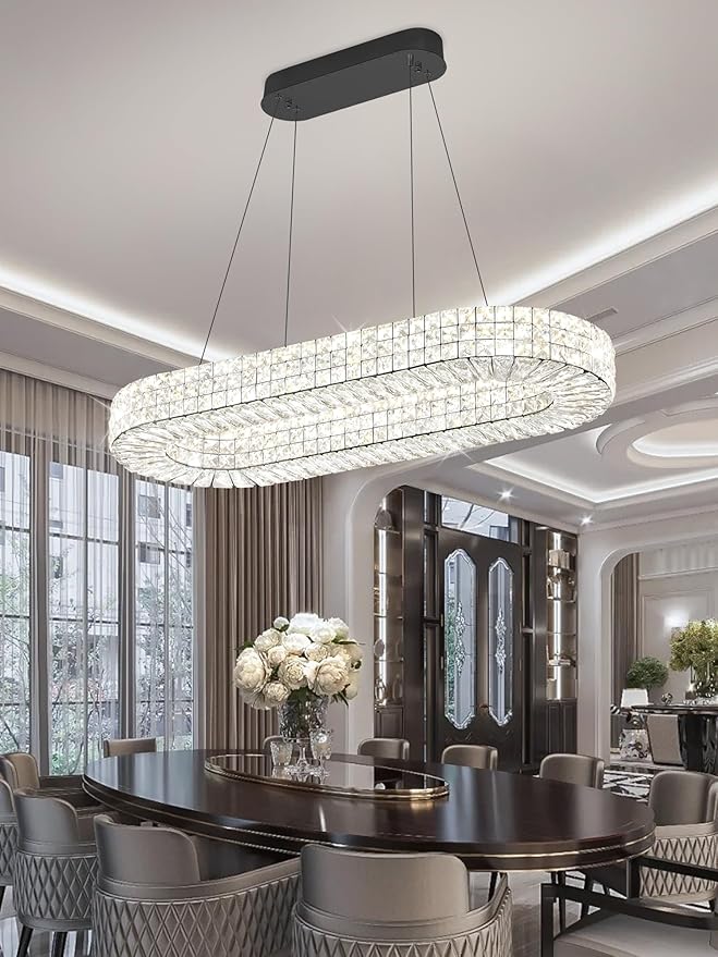ykolupty Modern Crystal Chandelier, Dia 40" Rectangular Chandelier for Dining Room,Black Rectangle Crystal Ceiling Light Luxury Oval Chandeliers for Living Room Kitchen Island