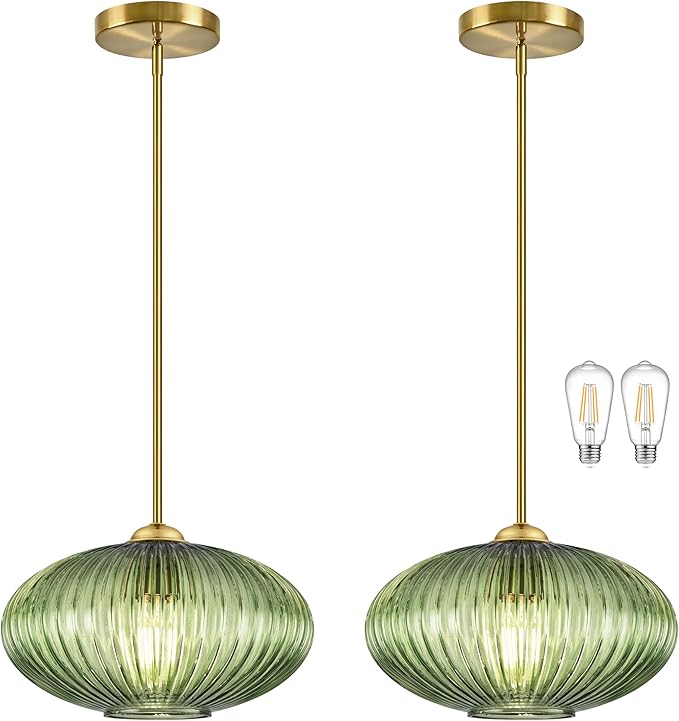 12" Green Glass Modern Pendant Light Kitchen Island 2 Pack Brushed Gold Mid Century Modern Pendant Lighting with Clear Green Glass Hanging Pendant Light for Dining Room（Bulb Incl.）