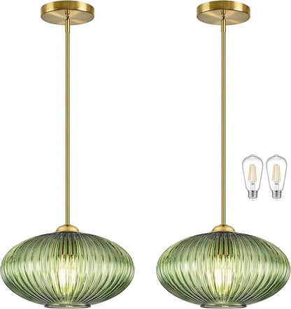 12" Green Glass Modern Pendant Light Kitchen Island 2 Pack Brushed Gold Mid Century Modern Pendant Lighting with Clear Green Glass Hanging Pendant Light for Dining Room（Bulb Incl.）