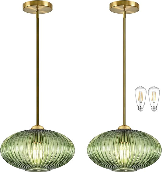 12" Green Glass Modern Pendant Light Kitchen Island 2 Pack Brushed Gold Mid Century Modern Pendant Lighting with Clear Green Glass Hanging Pendant Light for Dining Room（Bulb Incl.）