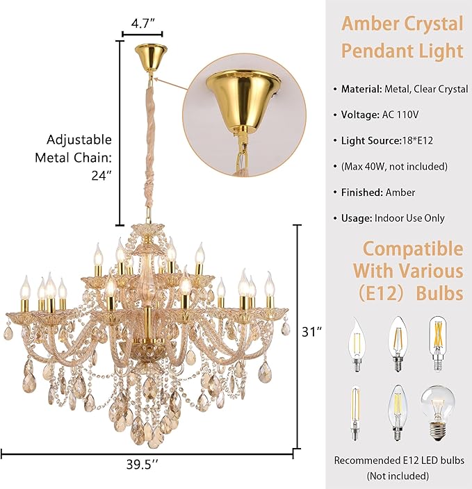 18-Light Amber Crystal Chandelier Light Fixtures for Living Room,Double Layer Lamps Design K9 Crystal Pendant Light Lighting for Dinning Room Lobby Foyer Staircase (Amber 18 Lights)