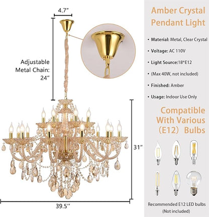 18-Light Amber Crystal Chandelier Light Fixtures for Living Room,Double Layer Lamps Design K9 Crystal Pendant Light Lighting for Dinning Room Lobby Foyer Staircase (Amber 18 Lights)