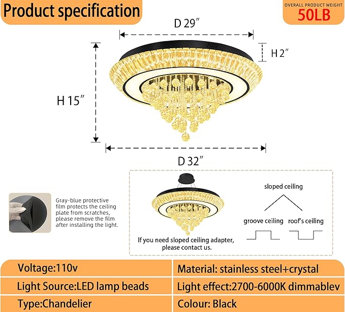 32in Black Crystal Raindrop Chandelier Crystal Flush Mount Ceiling Light Modern Led Luxury Chandelier,Raindrop Chandeliers for Dining Room, Living Room