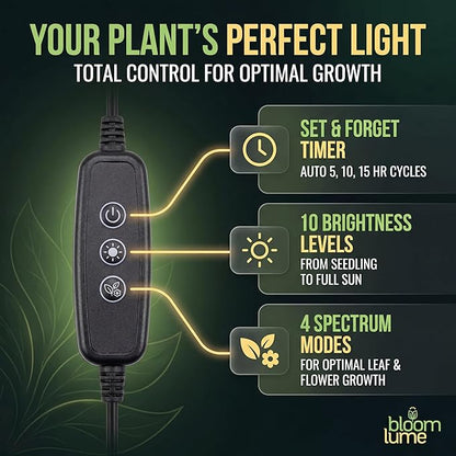 Bloom Lume LED Grow Lights for Indoor Plants Full Spectrum - Features Multi Mode Color Spectrums, Dimmable, Auto Timer, Clip on Goosneck Plant Lamp