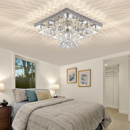 18 inch Flush Mount Chandelier Crystal Ceiling Light with Remote Control/APP,3CCT Dimmable&Brightness Adjustable, Modern Crystal Raindrop Silver Chandeliers for Bedroom Hallway Dinning Room LivingRoom