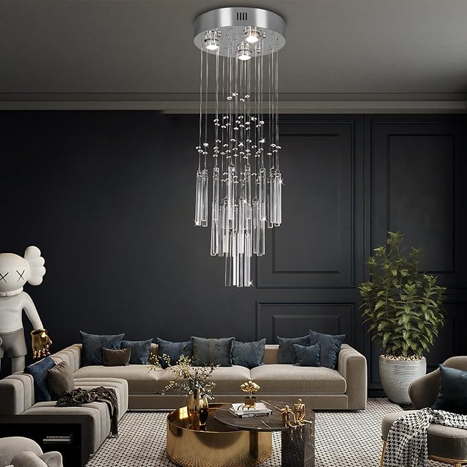 FRIXCHUR 11.8" Modern Crystal Chandelier 33.5" High Ceiling Chandeliers Small Bathroom Chandelier for Entryway Hallway Foyer Staircase