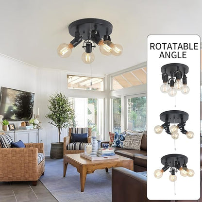 4 Light Flush Mount Ceiling Light with Pull Chain, Industrial Kitchen Ceiling Light with Rotatable Light Head,Black Pull Chain Ceiling Spotlight for Bedroom Hallway Kitchen Laundry