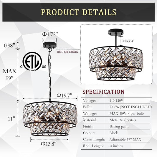 Black 6-Light Crystal Pendant Chandelier, Luxury Drum Semi Flush Mount Ceiling Light, 20'' Modern Ceiling Fixture for Dining Room, Living Room, Bedroom, Kitchen, Foyer