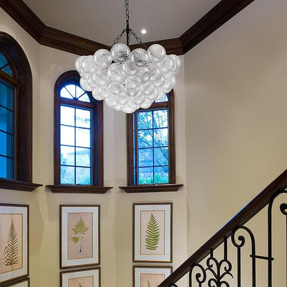 Hand Blown Glass Bubble Ball Chandelier Black Finish 24" Pendant Light Fixture Art Deco Cluster Swirled Ribbed Glass Globe Lighting for Bedroom Dining Restaurant Bedroom Bathroom Entry