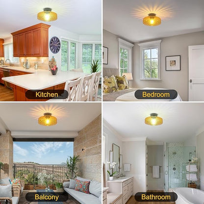 Semi Flush Mount Ceiling Light, 11.8" Mid Century Modern Close to Ceiling Light Fixtures with Amber Glass Shade, 1-Light Vintage Drum Lights for Bedroom Kitchen Entryway Hallway Porch Foyer