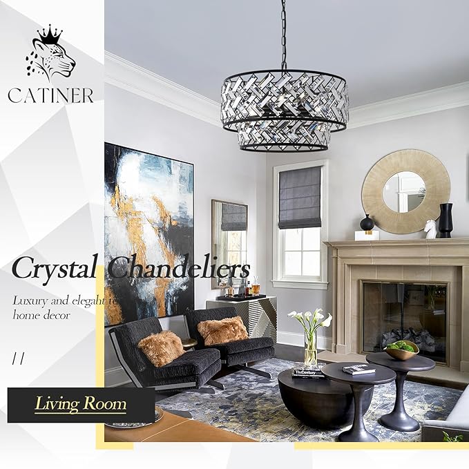 Black 6-Light Crystal Pendant Chandelier, Luxury Drum Semi Flush Mount Ceiling Light, 20'' Modern Ceiling Fixture for Dining Room, Living Room, Bedroom, Kitchen, Foyer