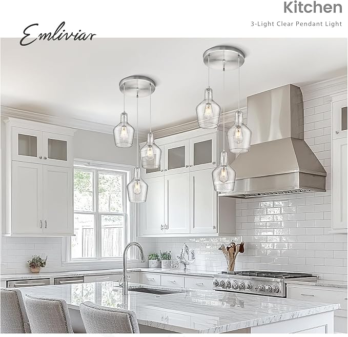 Emliviar Modern Kitchen Chandelier Brushed Nickel, 3-Light Hanging Pendant Lighting with Seeded Glass, Cluster Pendant Light Fixture for Entryway, DYE286G2-3 BN