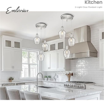 Emliviar Modern Kitchen Chandelier Brushed Nickel, 3-Light Hanging Pendant Lighting with Seeded Glass, Cluster Pendant Light Fixture for Entryway, DYE286G2-3 BN