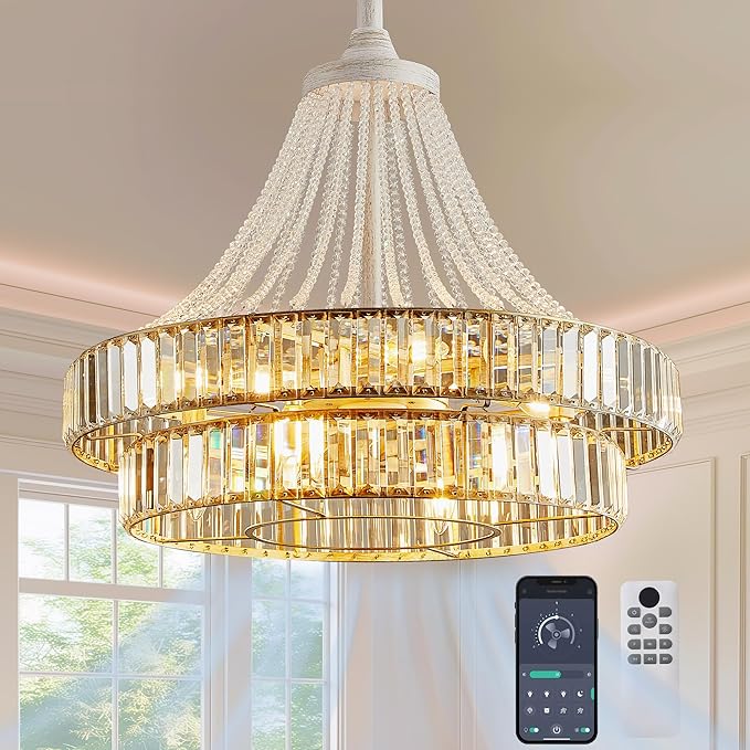 24" Modern Crystal Caged Fandelier, Smart Chandelier Fan with Remote and APP Control, Double Layer Ceiling Fan with Light for Dining Living Room Bedroom, Italian Design-White Gold