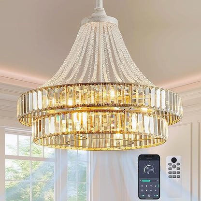 24" Modern Crystal Caged Fandelier, Smart Chandelier Fan with Remote and APP Control, Double Layer Ceiling Fan with Light for Dining Living Room Bedroom, Italian Design-White Gold