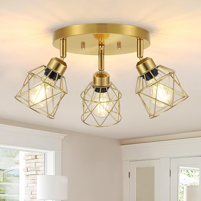 Baocuz 3-Light Brushed Gold Kitchen Light Fixtures, Modern Close to Ceiling Light with Metal Cage, Multi-Directional Gold Ceiling Lights for Farmhouse, Hallway, Dining Room, Entryway