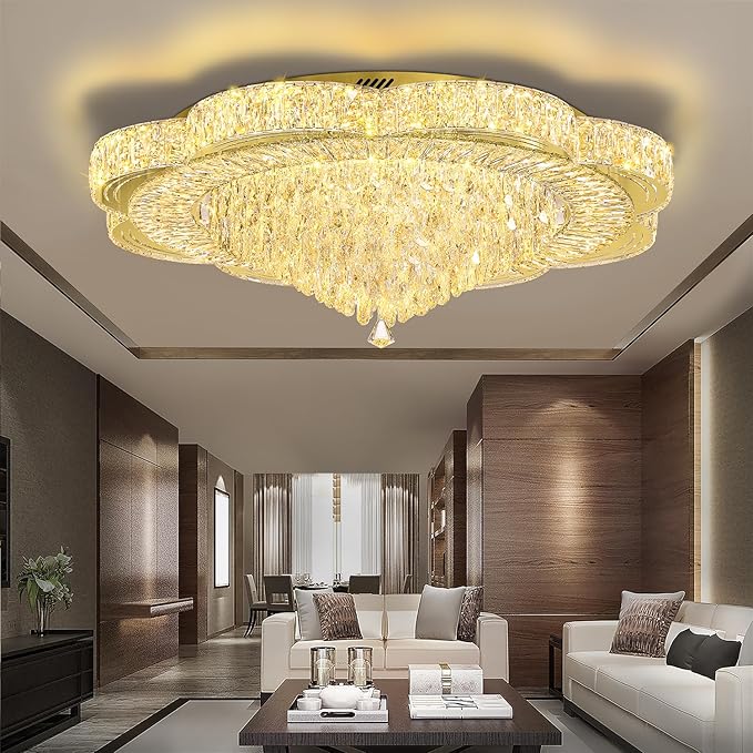 Modern Crystal Chandelier for Living Room 40in Gold Crystal Raindrop Ceiling Light for Room Bedroom LED Dimmable 3000-6000K