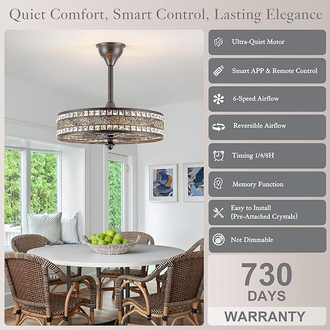 Vintage Chandelier Light Fixture, 6-Light Crystal Victorian Antique Bronze Fandelier Ceiling Fan with Light, Ornate Caged Bladeless Enclosed Drum Decorative Pendant for Dining Living Room, Bedroom