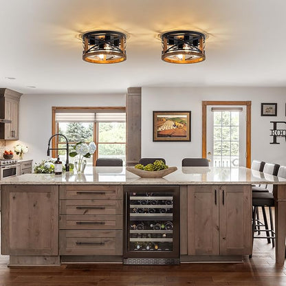 Farmhouse Light Fixtures, 4-Light Round Flush Mount Ceiling Light with Wood and Metal Frame, Black Rustic Ceiling Light for Hallway, Entryway, Bedroom, Kitchen