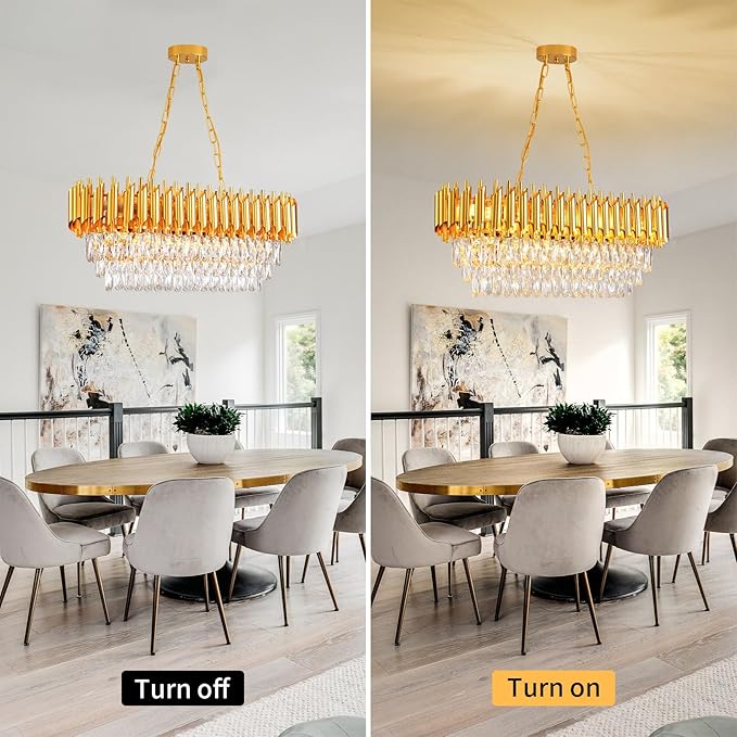 Modern Crystal Chandeliers for Dining Room 8-Light Gold Crystal Chandelier Living Room Oval Contemporary Ceiling Hanging Light Pendant Light Fixture for Kitchen Island Bar Restaurant L32