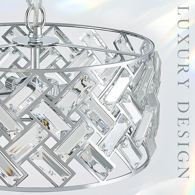 CATINER Chrome Crystal Chandeliers, 4-Light Modern Semi Flush Mount Ceiling Light, D12'' Small Round Crystal Hanging Pendant Light Fixtures for Dining Room Kitchen Island Entryway Hallway