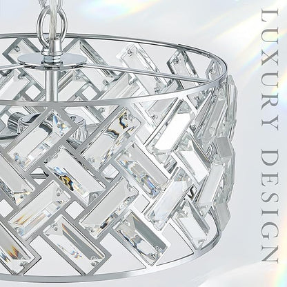 CATINER Chrome Crystal Chandeliers, 4-Light Modern Semi Flush Mount Ceiling Light, D12'' Small Round Crystal Hanging Pendant Light Fixtures for Dining Room Kitchen Island Entryway Hallway