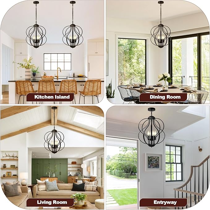 Black Chandelier for Dining Room Light Fixture, 4-Light Modern Farmhouse Chandelier, 17" Large Ceiling Hanging Industrial Pendant Light for Kitchen Island Living Room Foyer Entryway Stair