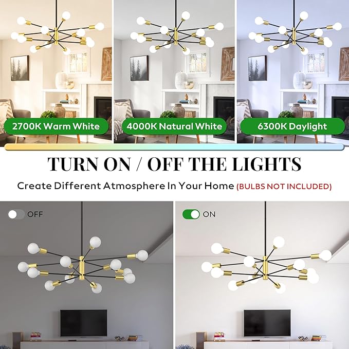 Sputnik Chandelier 12-Light, Mid Century Modern Height Adjustable Ceiling Light Fixture for Dining Room, Kitchen Island, Living Room,Bedroom-Black and Gold