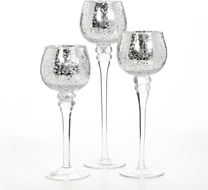 Hosley Set of 3 Crackle Metallic Glass Tealight Holders 12 Inch, 10 Inch, 9 Inch Elegant Home Decor for Ambient Lighting and Stylish Centerpieces and Gift