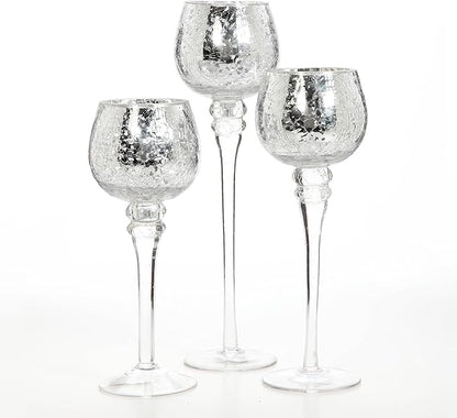 Hosley Set of 3 Crackle Metallic Glass Tealight Holders 12 Inch, 10 Inch, 9 Inch Elegant Home Decor for Ambient Lighting and Stylish Centerpieces and Gift