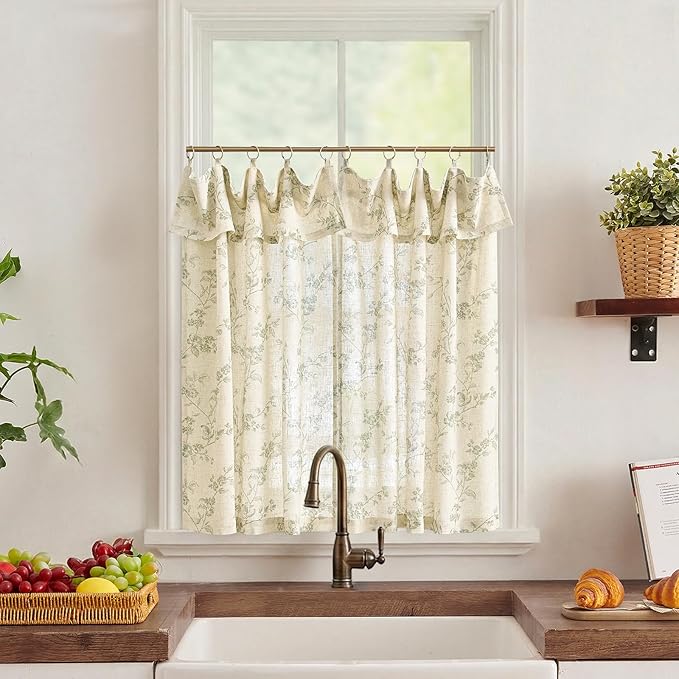 jinchan Floral Linen Kitchen Curtains with Attached Valance 36 Inch Length Farmhouse Cafe Tier Curtains for Living Room Bathroom Rustic Half Window Light Filtering Small Drapes 2 Panels Green