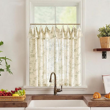 jinchan Floral Linen Kitchen Curtains with Attached Valance 36 Inch Length Farmhouse Cafe Tier Curtains for Living Room Bathroom Rustic Half Window Light Filtering Small Drapes 2 Panels Green