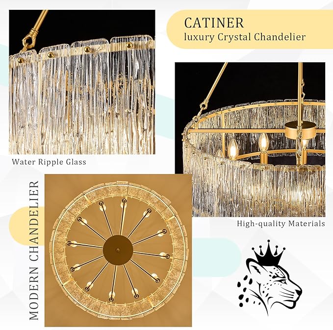 CATINER 30" Modern Gold Drum Chandelier Luxury Crystal Glass Chandeliers 12 Lights Ceiling Pendant Lighting Fixture for Living Room Dining Room Foyer Bedroom